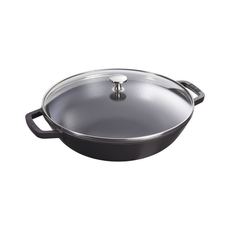 Wok mit Glasdeckel 30 cm Schwarz aus Gusseisen