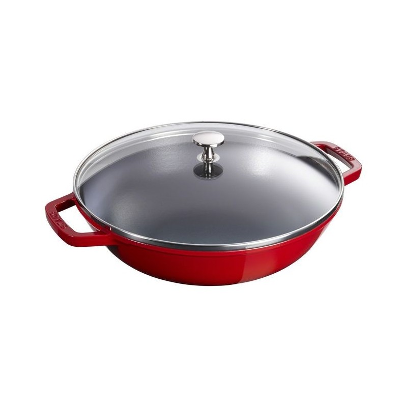 Wok aus Gusseisen mit Glasdeckel 30 cm rot