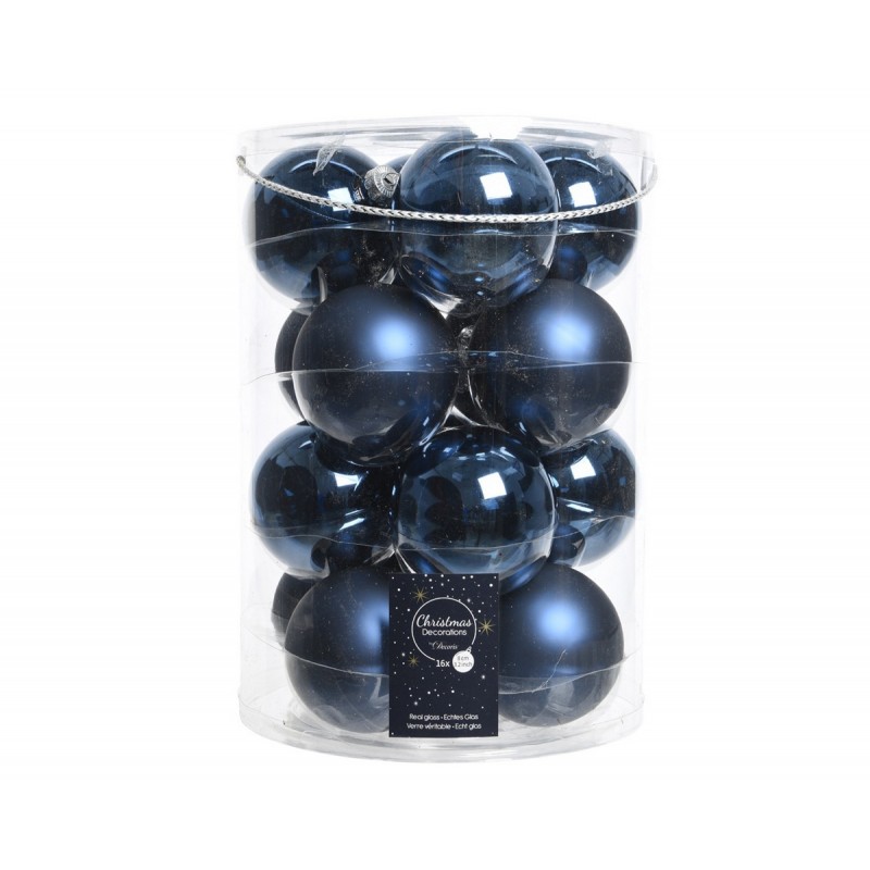 Hanging glass Christmas balls 8 cm Blue. Set of 16