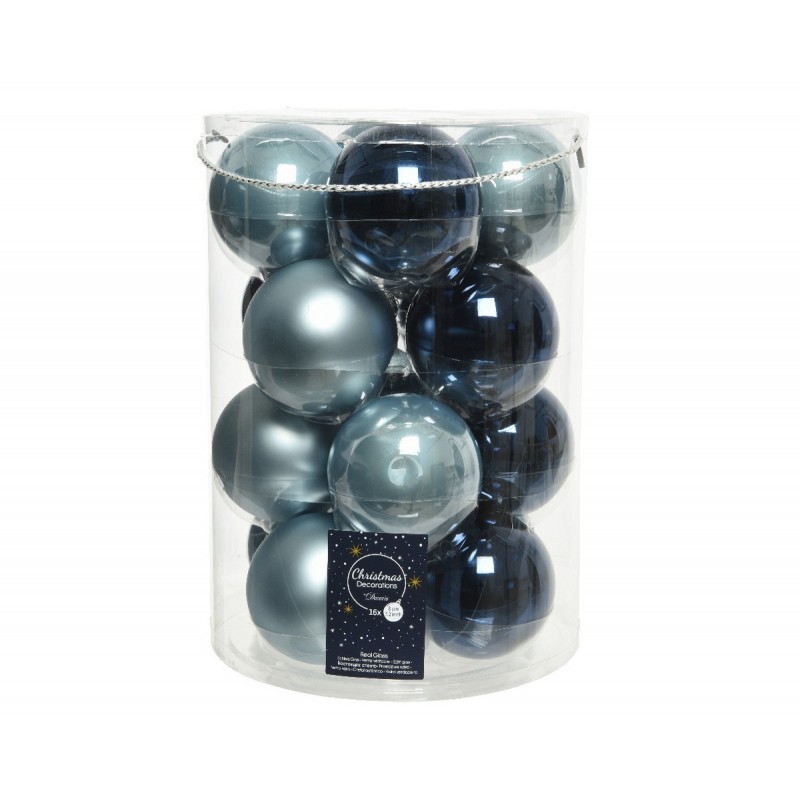 Hanging glass Christmas balls 8 cm Blue. Set of 16