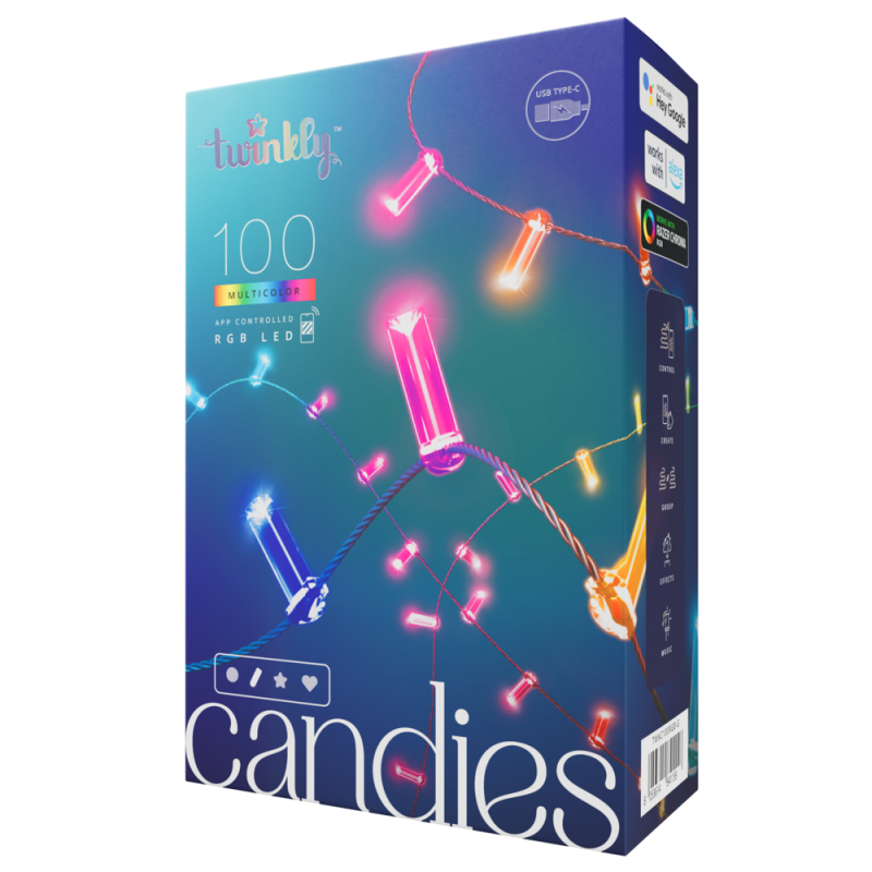 Twinkly CANDIES Intelligente Kerzen-Weihnachtsbeleuchtung, 100 RGB-LEDs, grünes Kabel der zweiten Generation