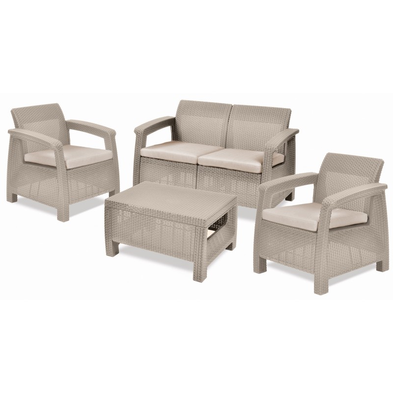 Keter Conjunto Lounge CORFU' Sofá Capuchino + 2 Sillones + Mesa de Centro Abierta