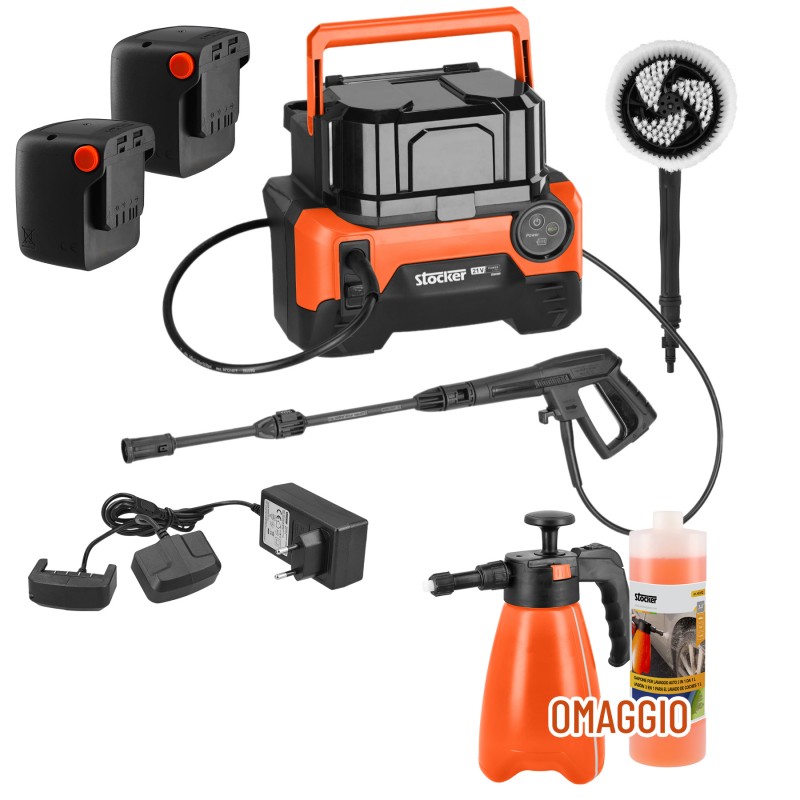 PROMO Stocker Kit Idropulitrice + 2 Batterie 4,0 Ah + Spazzola + Caricabatterie