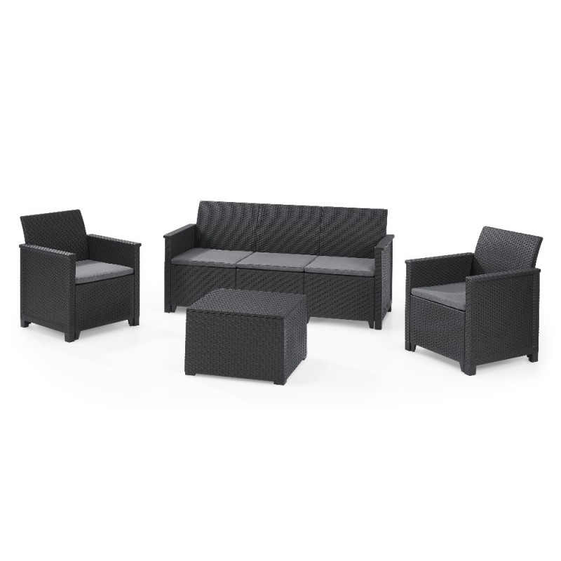 Keter Set 2 Fauteuils + Canapé 3 Places + Table de Rangement EMMA LOUNGE Graphite