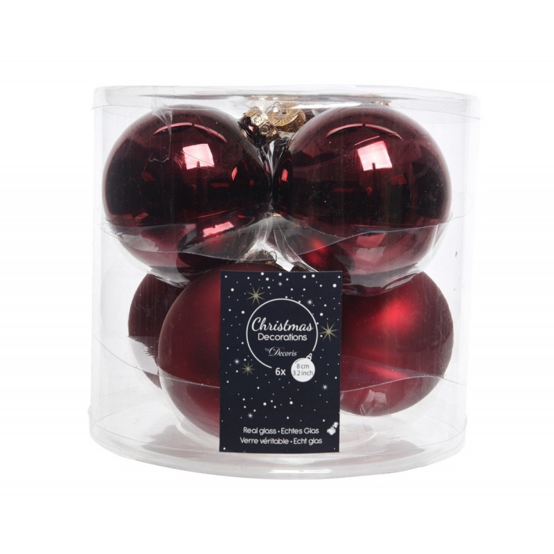 Boules de Noël à suspendre en verre 8 cm Rouge. Ensemble de 6