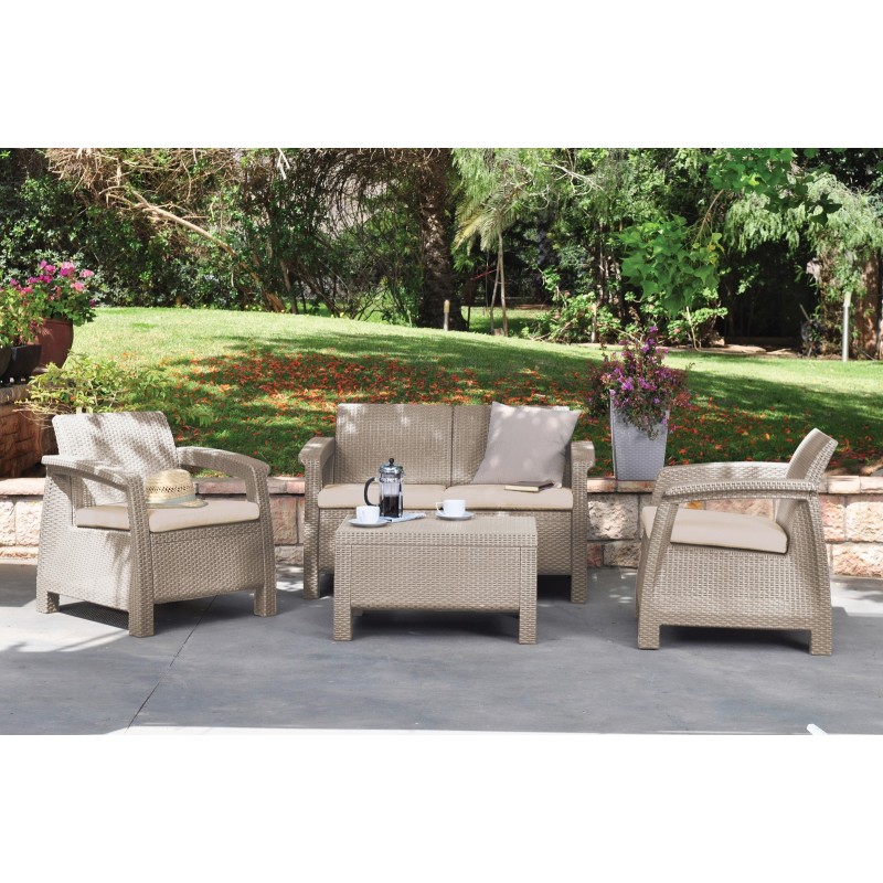 Keter Set Lounge CORFU' Canapé Cappuccino + 2 Fauteuils + Table Basse Ouverte