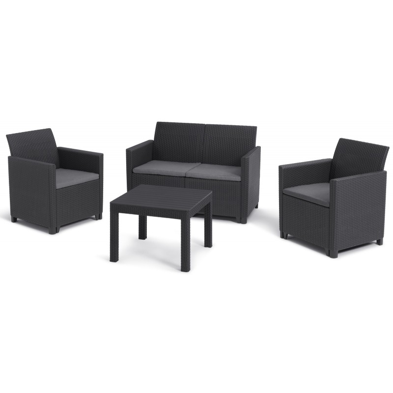 Ensemble Lounge Keter MARIE Canapé Graphite + 2 Fauteuils + Table Basse Ouverte