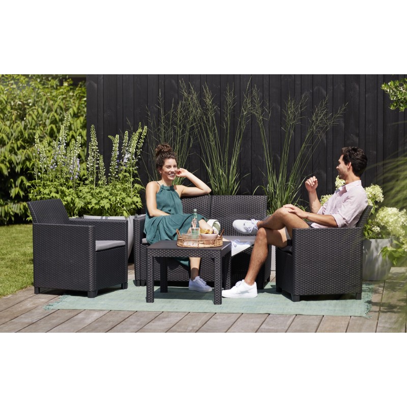 Ensemble Lounge Keter MARIE Canapé Graphite + 2 Fauteuils + Table Basse Ouverte