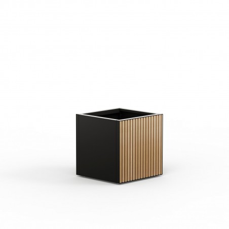 Herstera DECO PLANTER Jardinière Cube en Métal Noir et Bois 50x50x50 cm