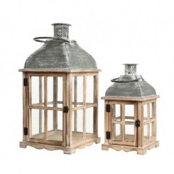 Wooden lantern with large Gray Washed glass dim 28x28x57 cm