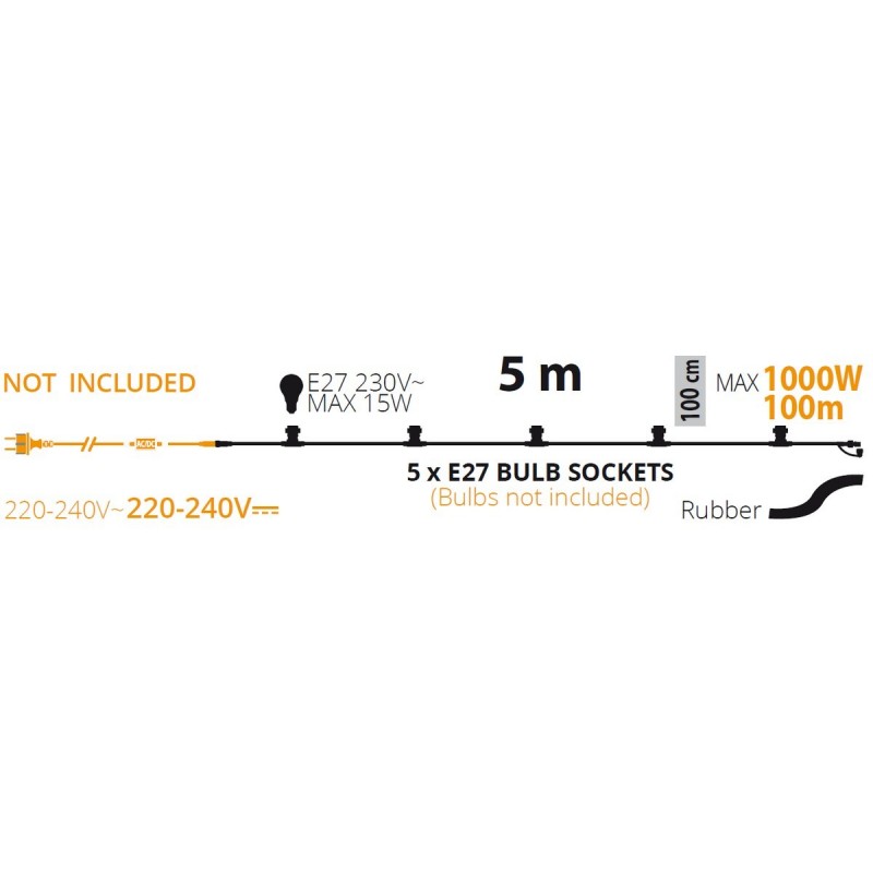 Party Light Chain with 5 Extendable E27 5m Lamp Holders