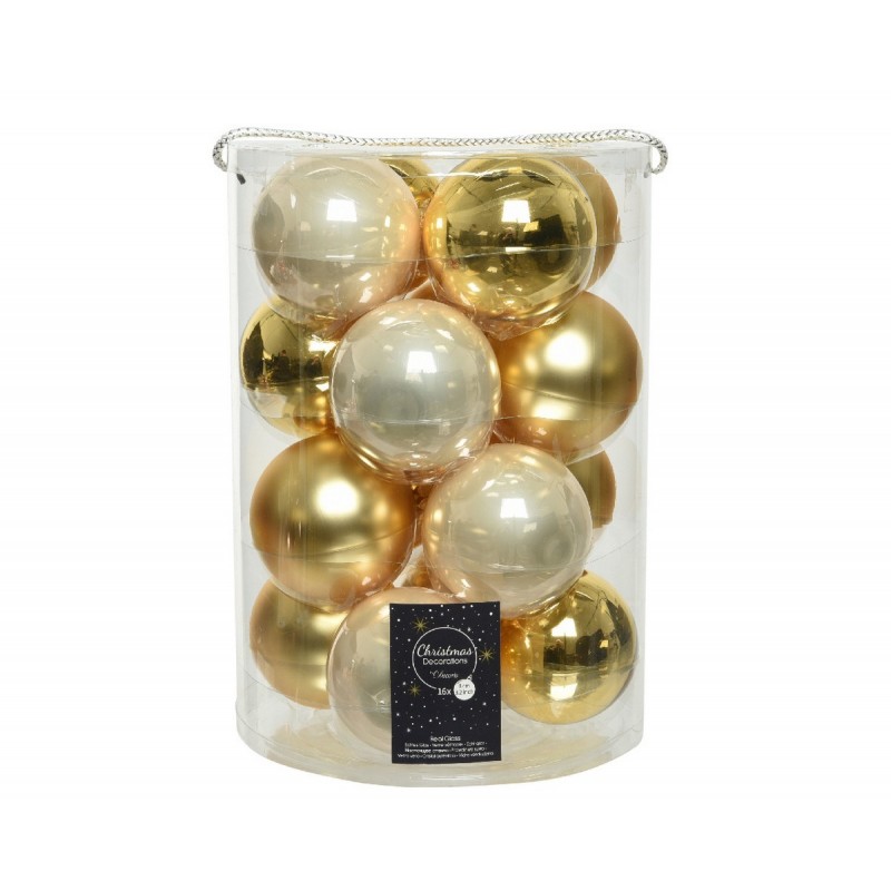 Palline di Natale in vetro da appendere 8 cm Oro e Perla. Set 16